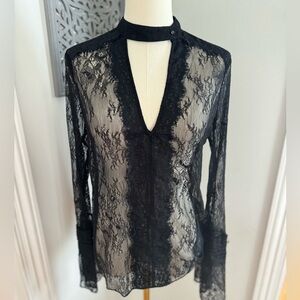 GUESS Black Long Sleeve Laurie Lace Overlay Choker Blouse